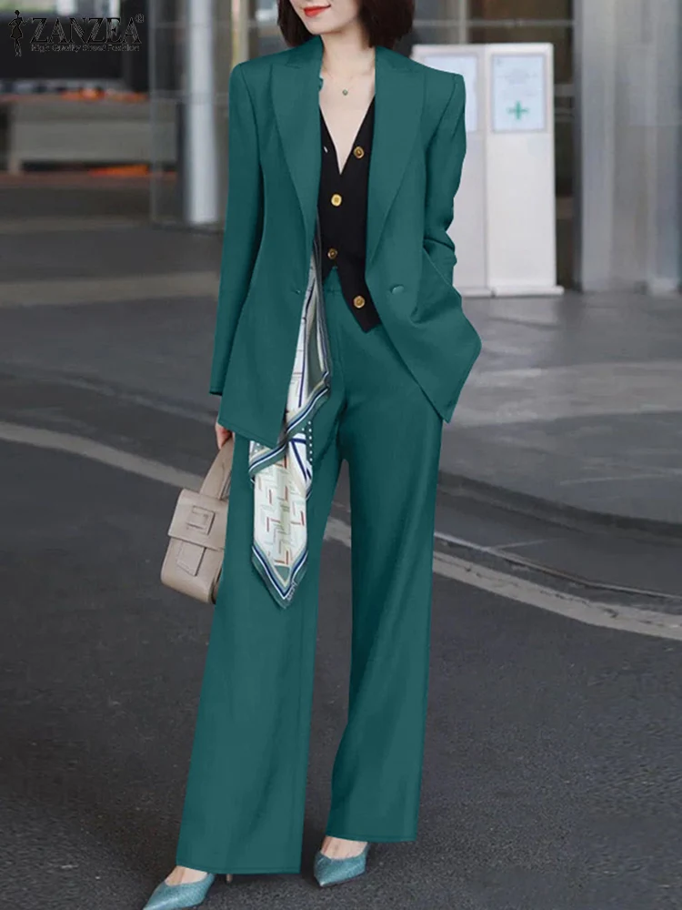 ZANZEA Elegant OL Work Pants Sets Fashion Women Long Sleeve Blazer Suits 2PCS Solid Office Lady Trousers Sets Commute Outfits