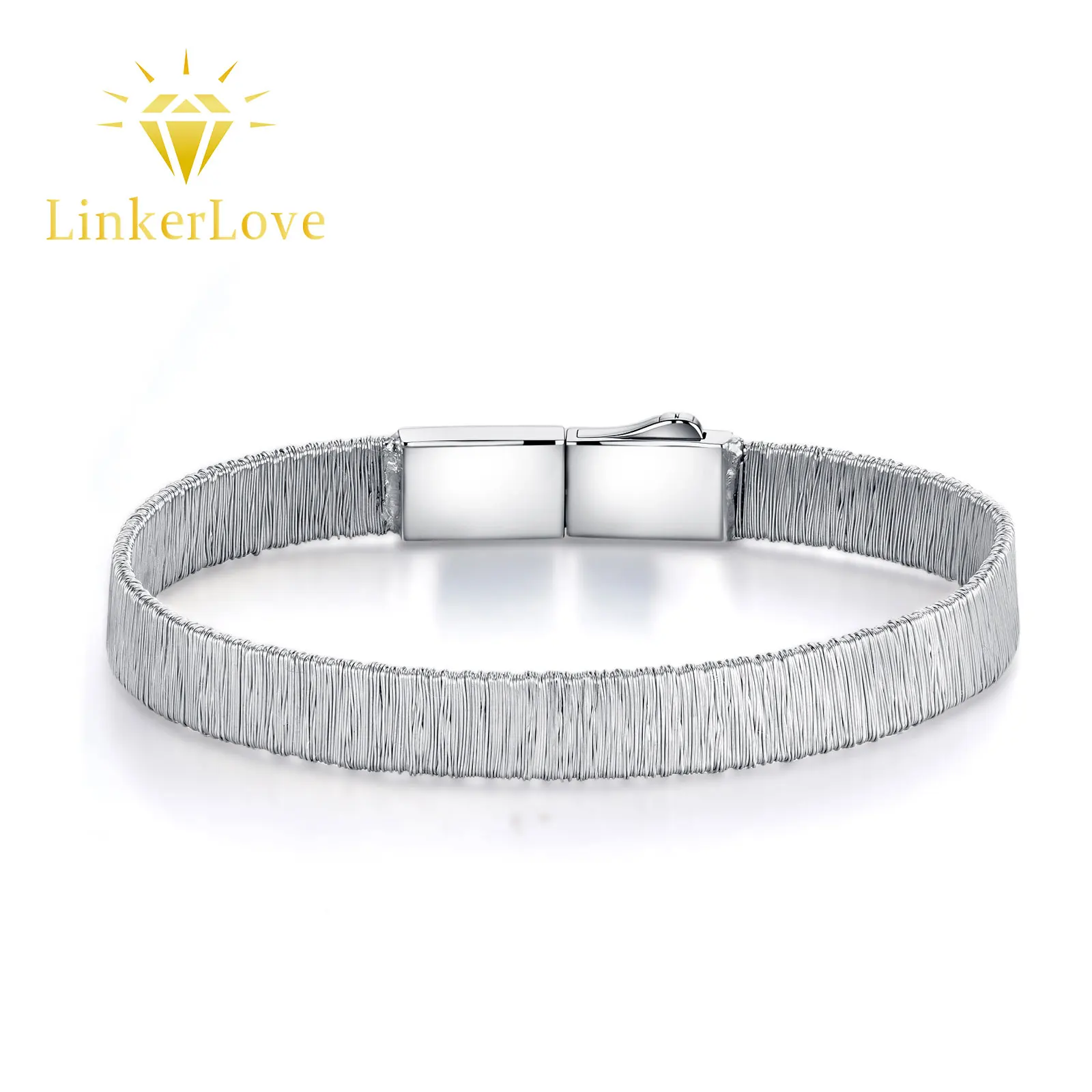 

LinkerLove Wide Textured Weave Bracelet 925 Silver Flat Wire Design 19cm Moissanite Tennis Bracelet for Women Luxury Jewelry
