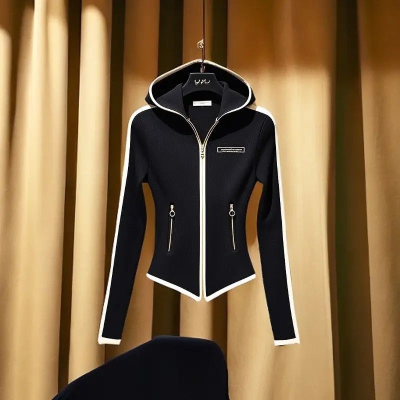 

Black Women's Jacket New Fashion Spring Autumn Hoodie Beautiful Age-Reducing Coat Chic Stitching Hooded Sweater Ladies Tops