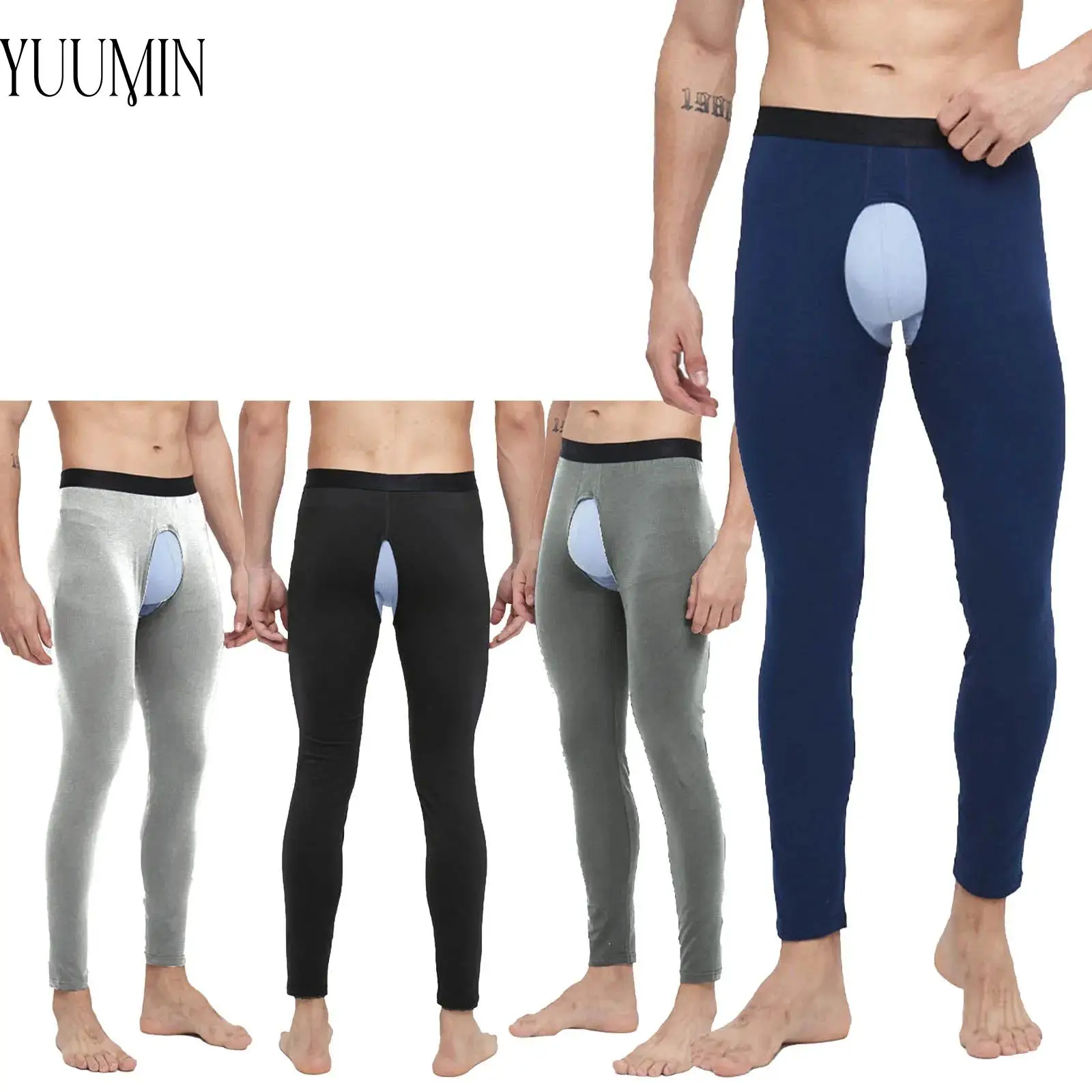 Mens Cutout Crotch Cycling Pants Yoga Workout Clothes Breathable Thermal Underwear Bottoms Elastic Waistband Leggings Sportswear