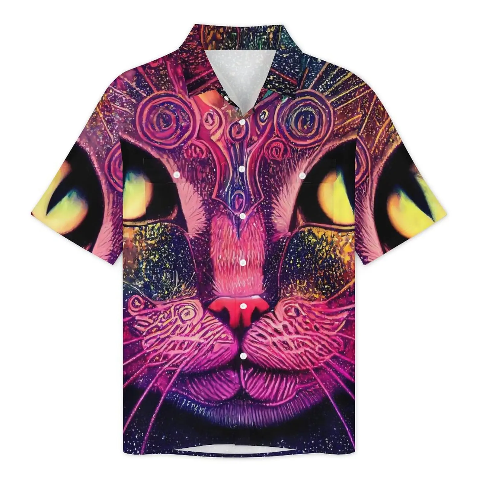 Magic Cats Vacation Shirt Men Animal Print Vintage Casual Shirts Hawaiian Short-Sleeve Y2K Fashion Design Oversize Blouses Gift