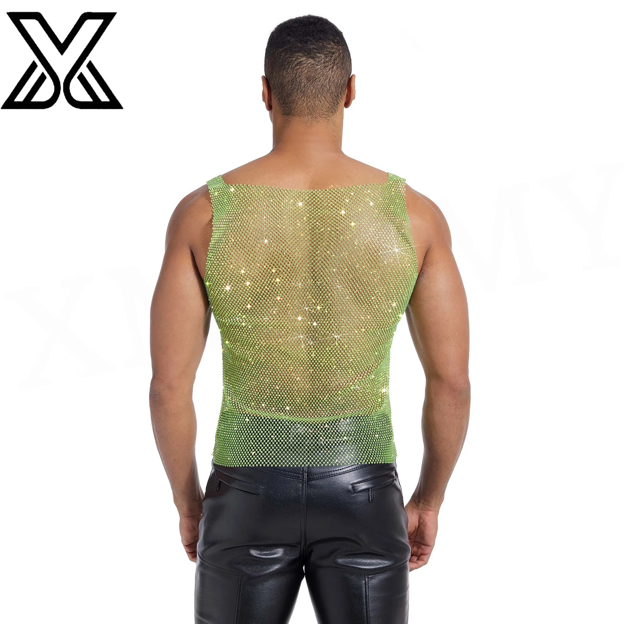 XMJXMY Sparkling Diamond Men's Strap Top Beach Sparkling Swimsuit Personalized Full Diamond Perspective Bottom Tank Top