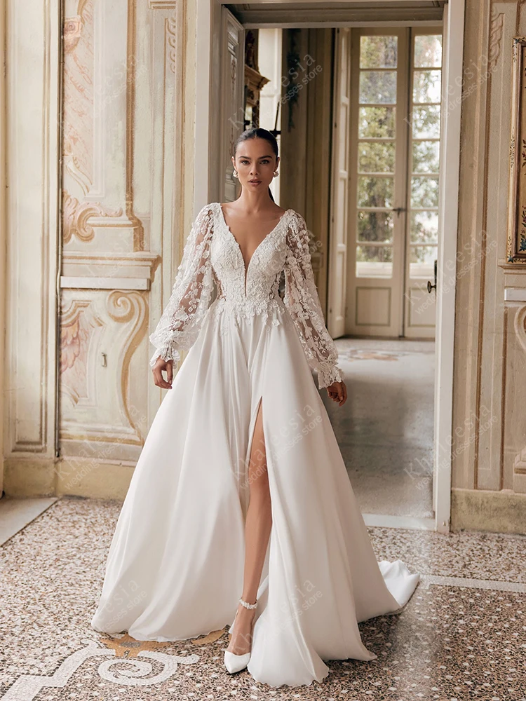Glamoureuze Trouwjurken Vintage Bruidsjurken Kant Applicaties Volledige Mouwen Een Lijn Diepe V-hals Vestidos De Novia Aangepaste 2025