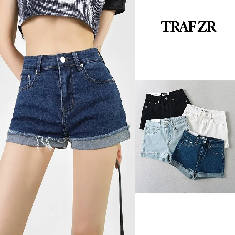 

TRAF ZR Basic Denim Shorts for Women High Waist Turned-up Raw Hem Jean Hot Pants Elastic Summer Jean Shorts High Street