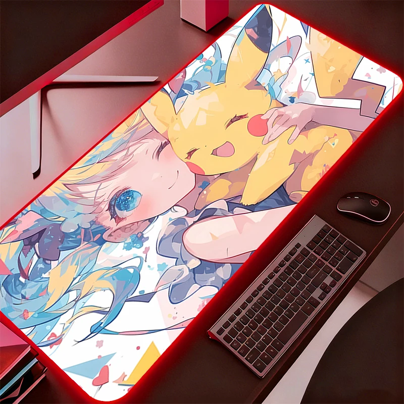 

Коврик для мыши RGB с подсветкой Pokemon Pikachu, игровые аксессуары, компьютерные геймерские аксессуары, светодиодный коврик для мыши, настольный коврик для мыши