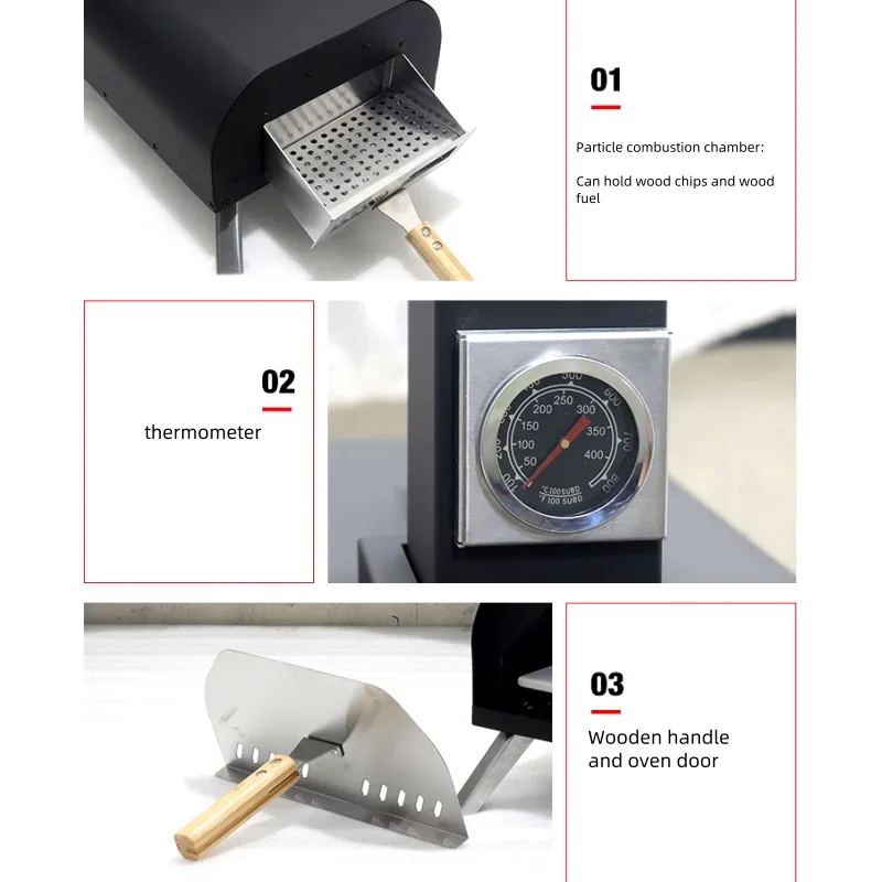 11-calowy piec do pizzy i grillowania z podwójnym paliwem ze stali nierdzewnej do użytku domowego i komercyjnego, termometr