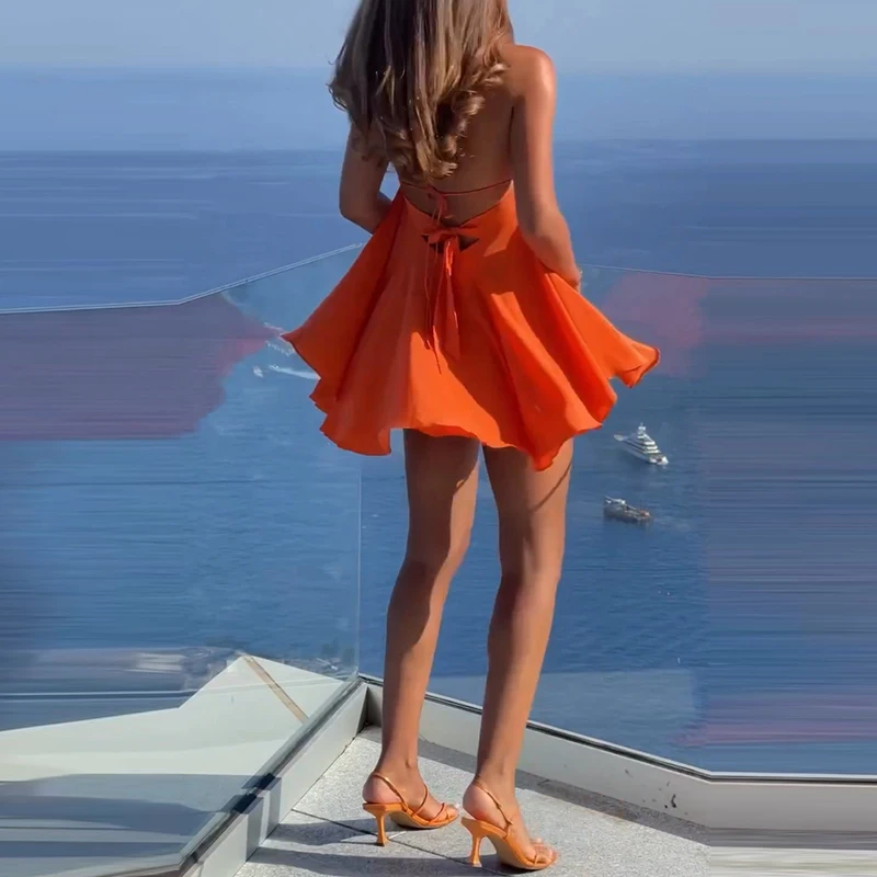 Abito corto da donna sexy con bretelle senza maniche, abito corto da festa, elegante mini abito plissettato in tinta unita, abito estivo casual a trapezio allentato