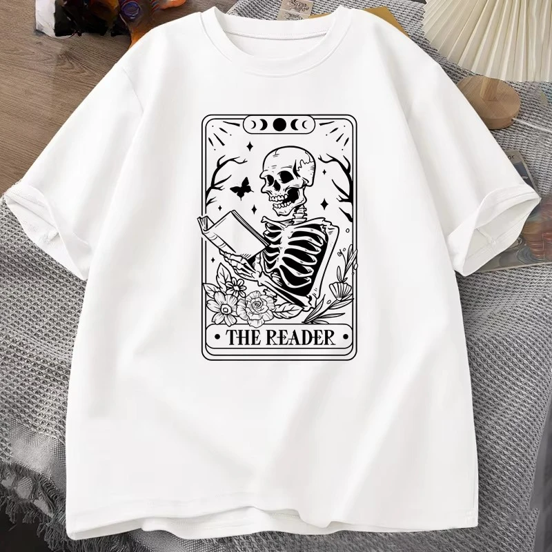 The Reader Tarot Card T-Shirt Skeleton Reading T Shirt Summer Cotton Book Lover Bookish Tshirt Men Women Unisex Oversized Tees
