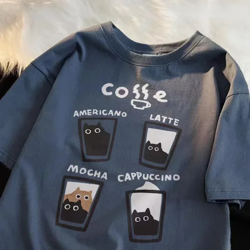 Summer Men and Women Vintage Cat Coffee Pattern T-Shirt Short Sleeve Cotton Round Neck Loose Versatile Half Sleeve Ins Clothes