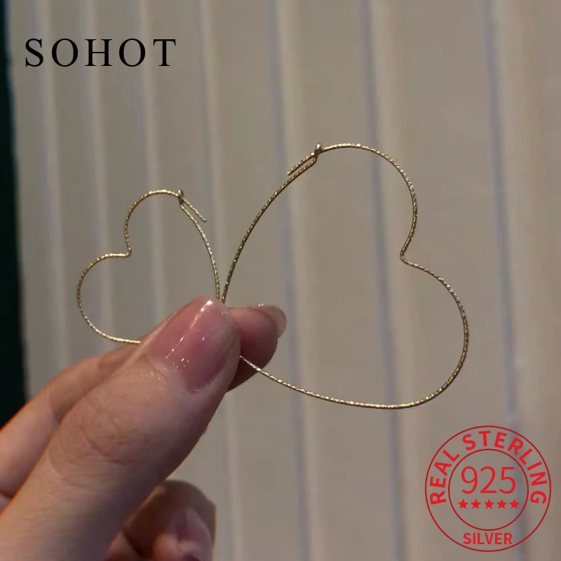

Real 925 Sterling Silver Exaggerated Hollow Heart Hoop Earrings for Women Party Cute Fine Jewelry Minimalist Trendy Accessories