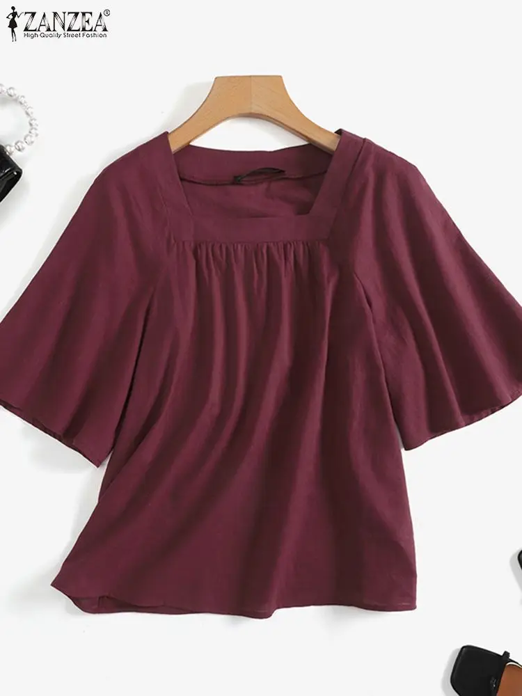 Elegant Women Square Neck Half Sleeve Blouse 2023 ZANZEA Causal Solid Tunic Tops Fashion Summer Holiday Party Work Shirt  Blusas