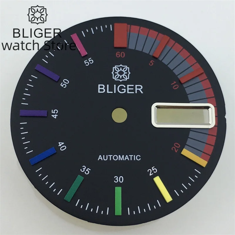 BLIGER 29MM dial hitam putih, indeks multiwarna untuk NH36 NH36A gerakan