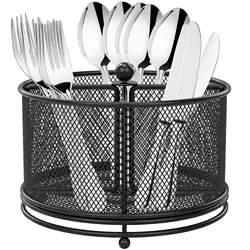 360°Rotating Utensil Caddy Kitchen Utensil Holder 6.7×6.7×5.1 Inch Metal Utensil Organizer 4-Compartment Metal Utensil Caddy
