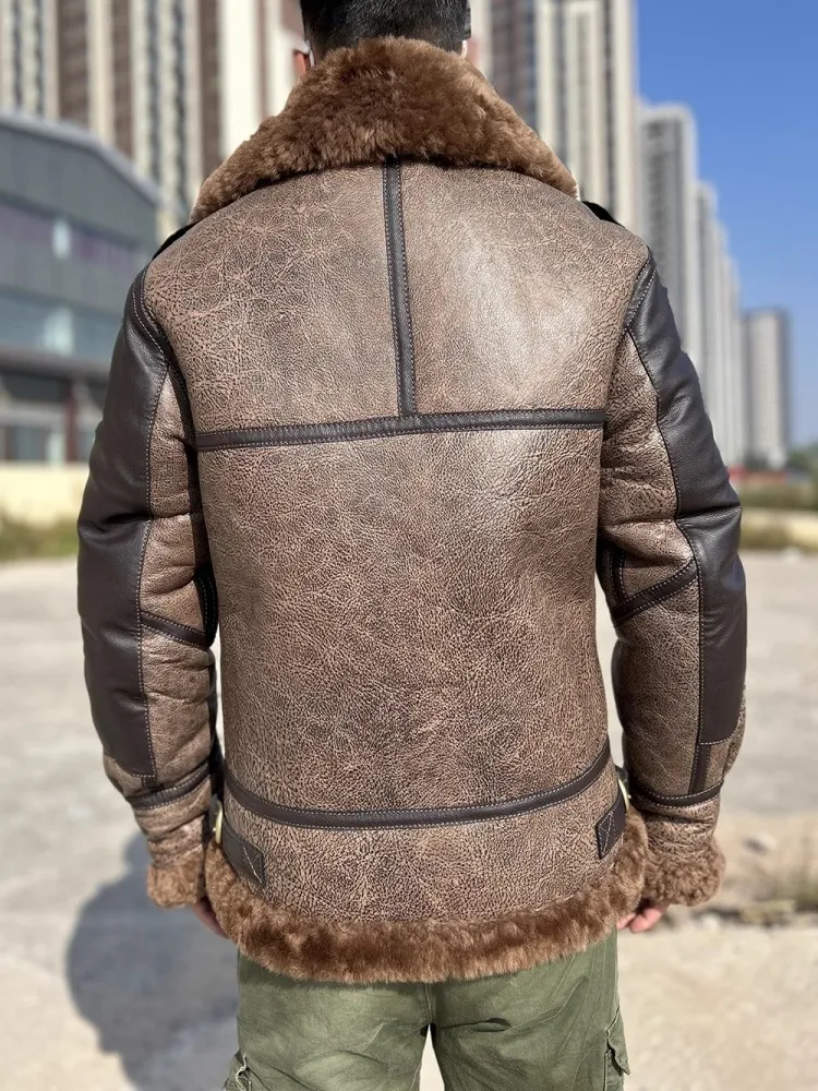 Winter Mens Real Fur Pilot Short Jacket Mixed Colors Thicken Warm Wool Motorcycle Genuine Leather Coat Male Shearling Jackets