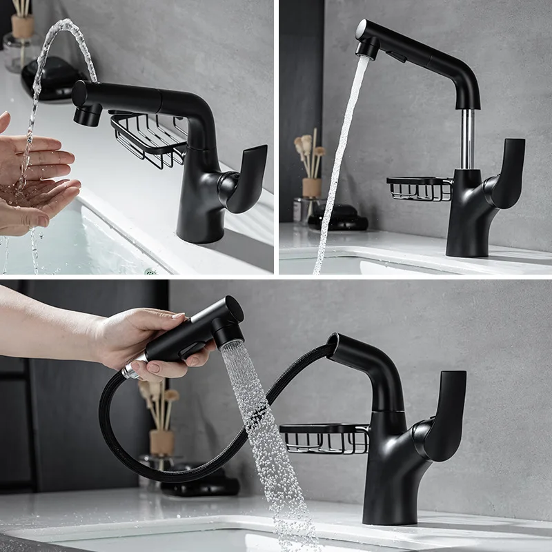 All copper gun gray basin pull-out faucet bathroom toilet above counter  black hand washing mixing valve