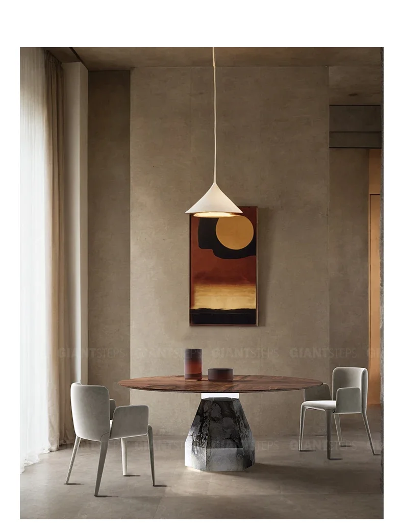 Natural marble dining table household villa large modern high-end luxury stone round dining table and chairs