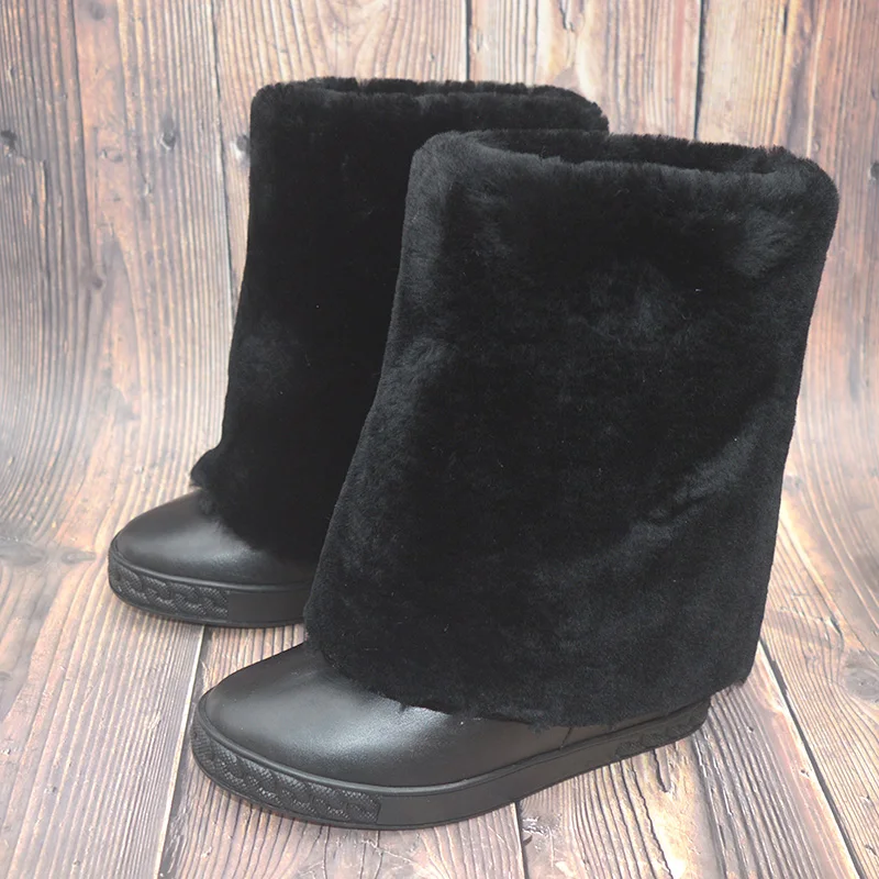 

Winter Women Fur Snow Boots Warm Mid Calf Platform Black Genuine Leather Bottines 8cm Increased Hidden Causal Shoes New In