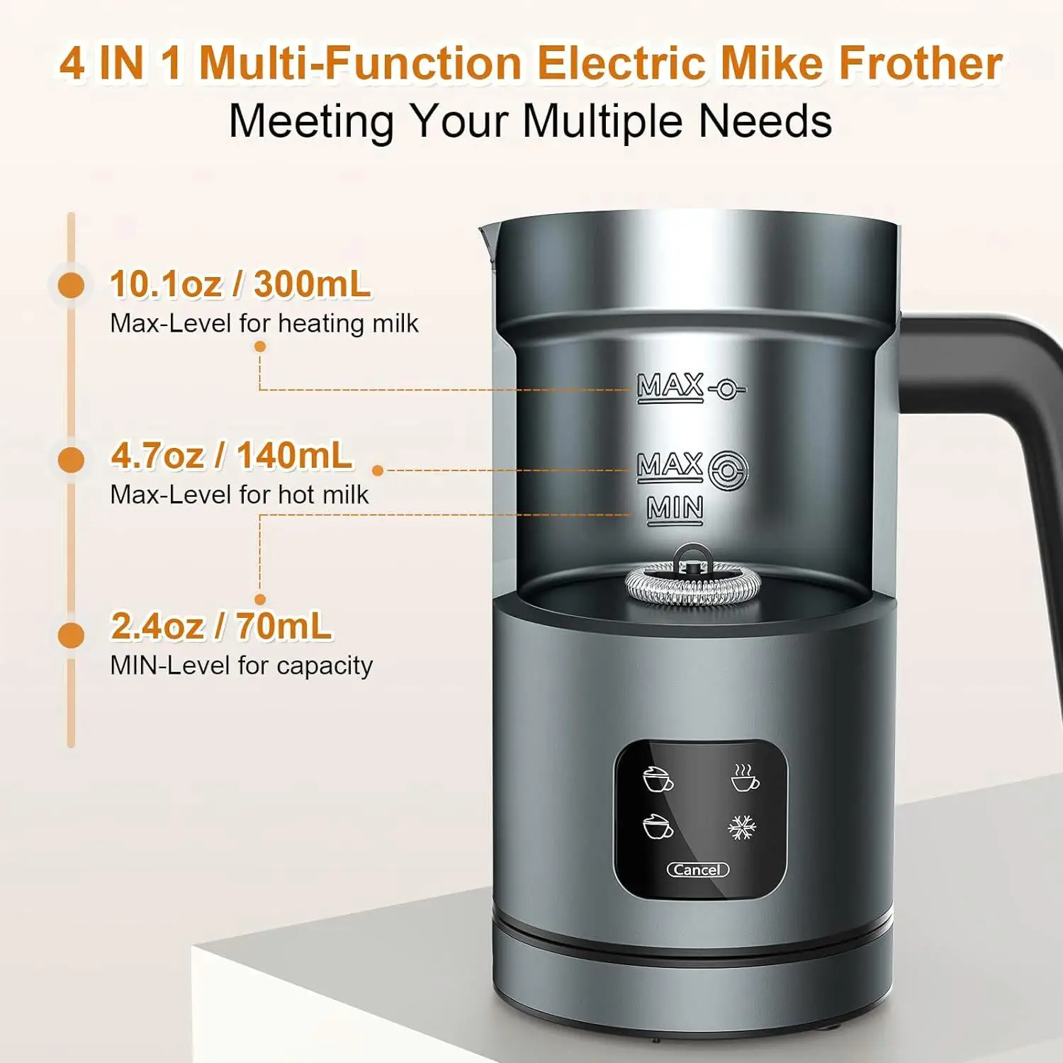 4-in-1 Automatic Milk Frother - BIZEWO Stainless Steel Foam Maker for coffee , for latte & Hot Chocolate with LED Touch