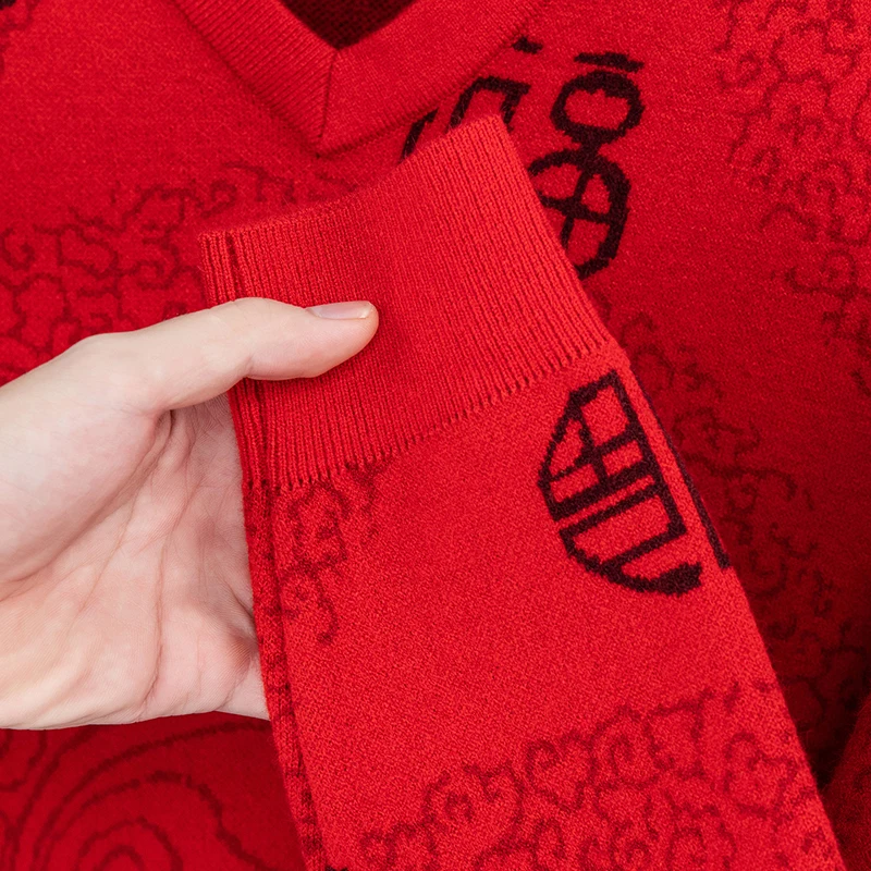 رجل فاخر النمط الصيني طويلة الأكمام تريكو الخامس الرقبة الطباعة الشتاء الساخن لينة الجلد ودية البلوز بسيطة أنيقة الترفيه #4