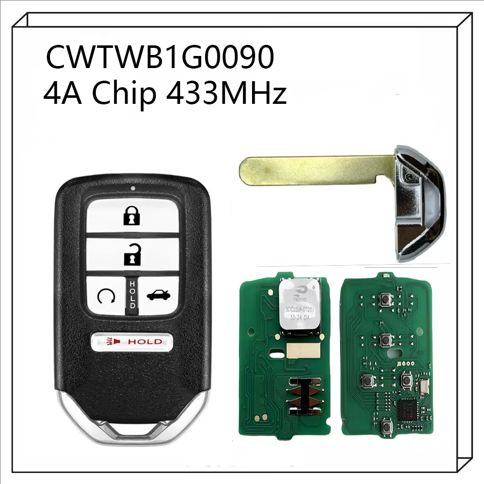 

Для Honda Accord Insight 2018 2019 2020 2021 2022 чип 4A 433 МГц CWTWB1G0090 72147-TVA-A21 72147-TWA-A1 4 + 1 BT Smart Entry Key