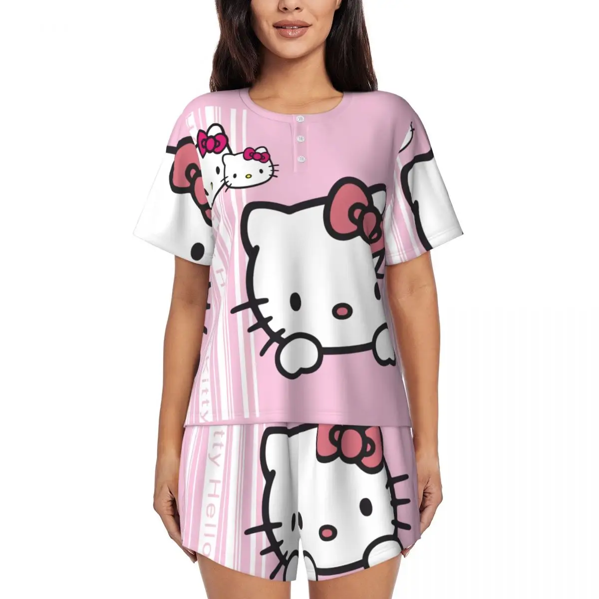 Custom Printed Womens Cartoon Anime Hello Kitty Pajamas Set Short Sleeve 2 Piece Sleepwear Pj Lounge Sets