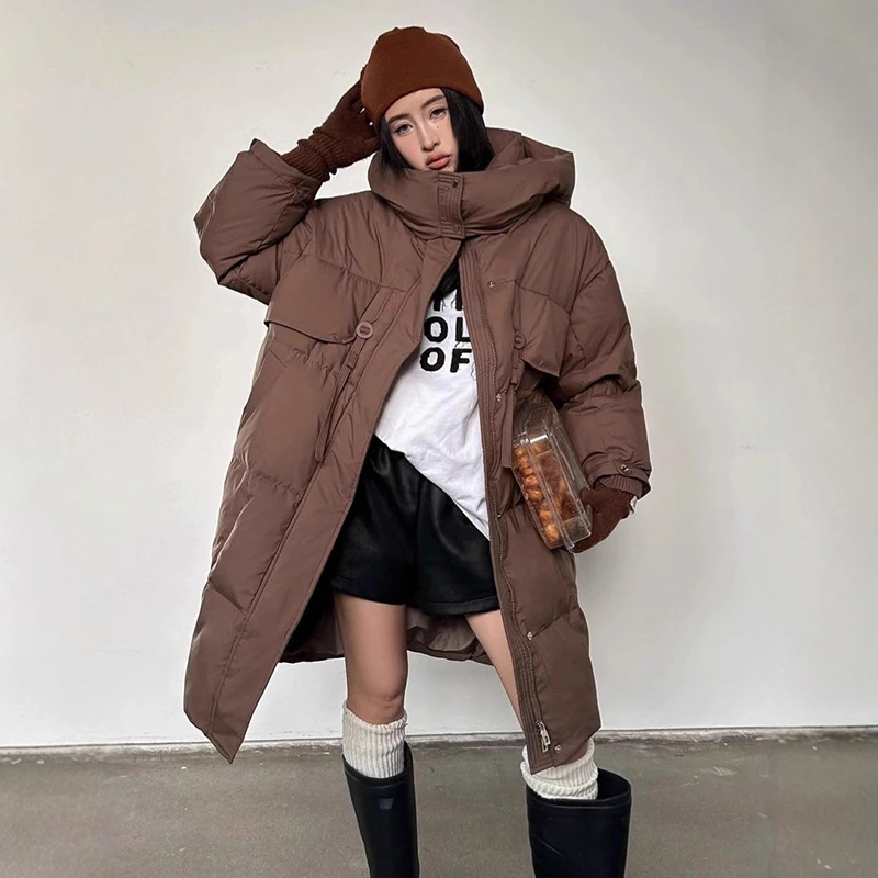

Winter Long Windbreak Hooded Down Jacket Women White Duck Down Knee Length Down Jackets Female Solid Thick Warm Parker Outwears