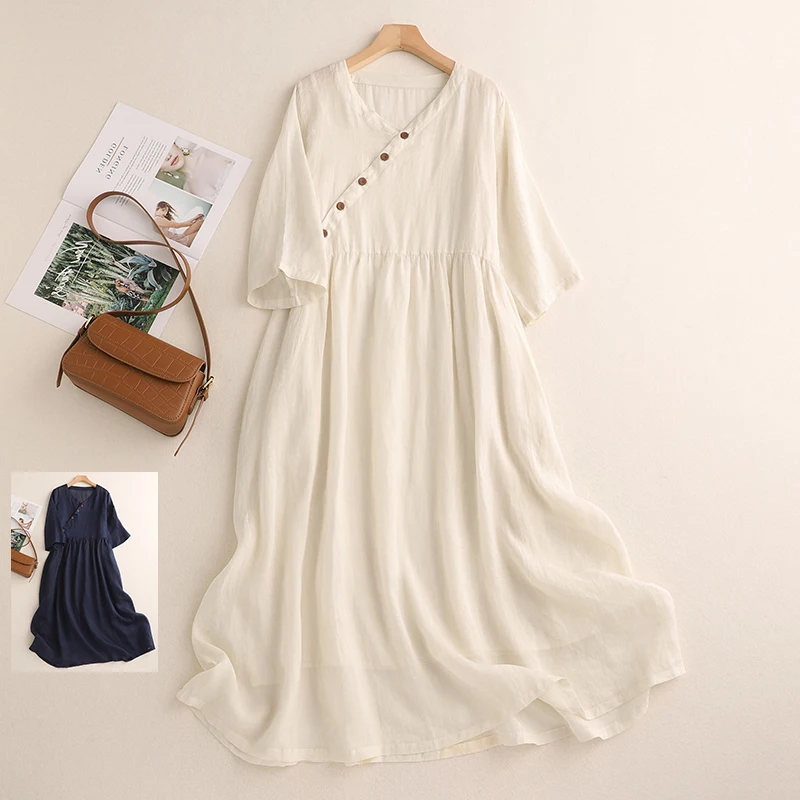 

Faionable Mom Pure Color f Sve Хлопково-льняное платье большого размера Женская свободная юбка с боковыми пуговицами V-Ne Ele Юбка-трапеция