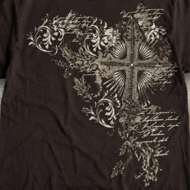 Ornate Cross Pattern Dark Gray Unisex T-shirt Graphic Tee Design Printed Street Style Top for Everyday Summer