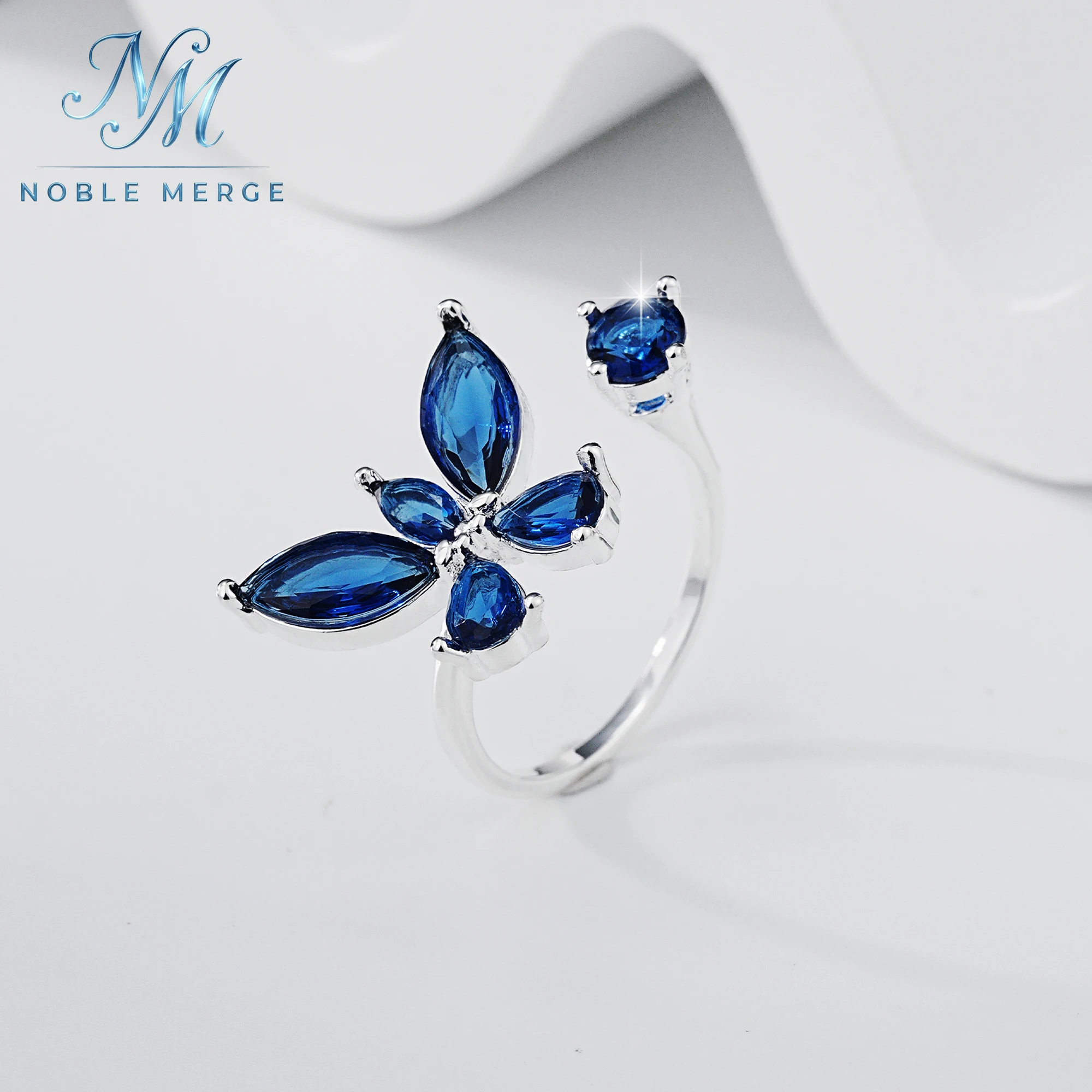 925 Sterling Silver Blue Moissanite Butterfly Open Ring for Women Marquise Cluster Sparkling Wedding Engagement Anniversary Gift