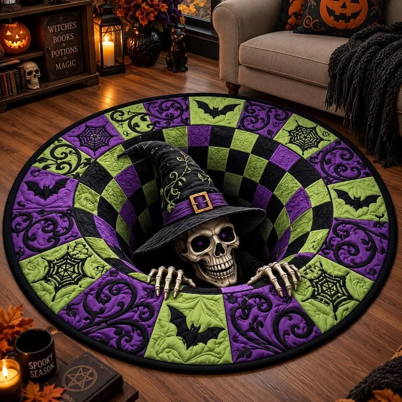 Halloween 3D Vortex Illusion Round Rug Witch Skull Bat Spider Web Print Spooky Home Floor Mat Holiday Party Decor Carpet