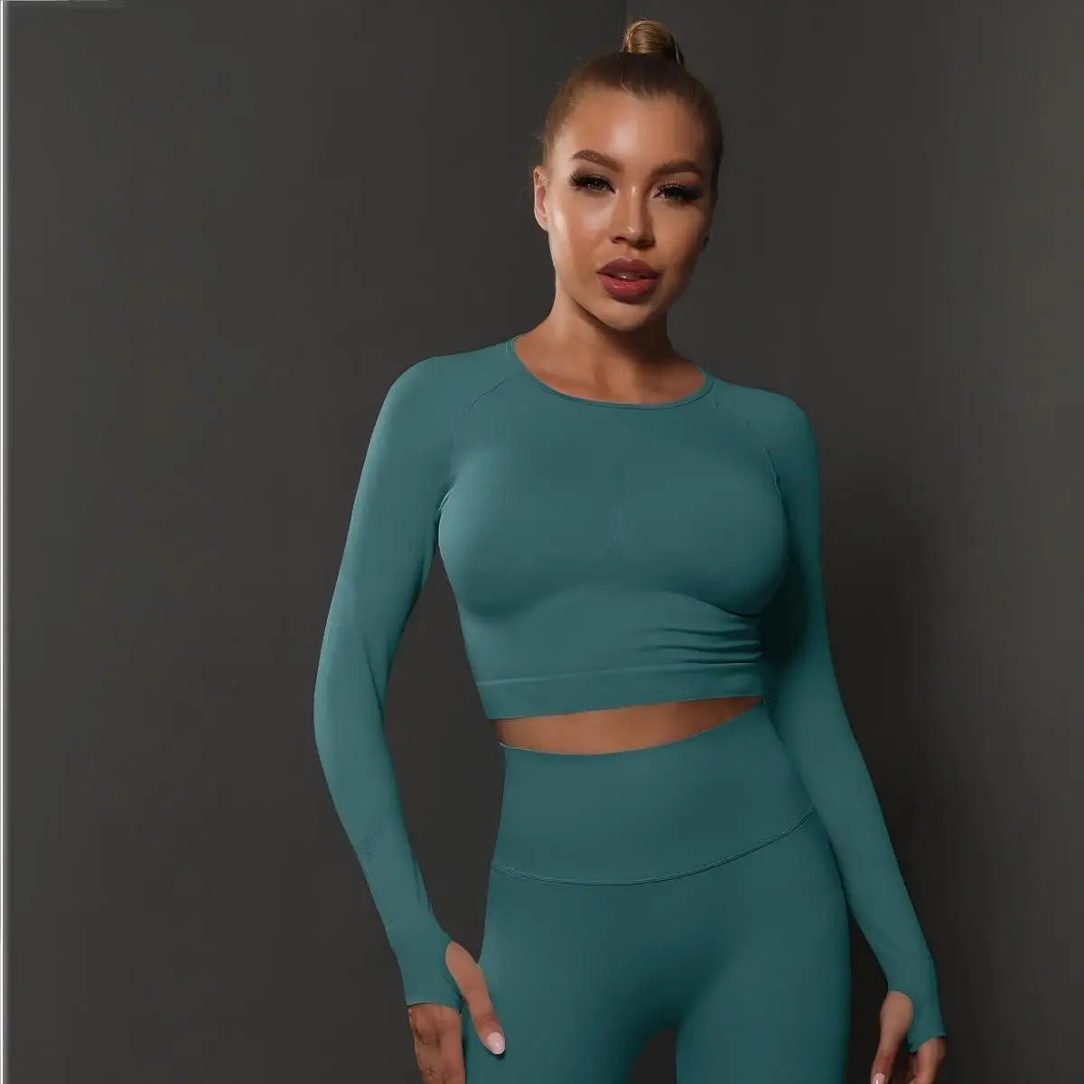 Women Seamless Long Sleeve Yoga T Shirt Solid Peach Hip Slim Moisture Wicking Body Shaping Fitness Workout Top