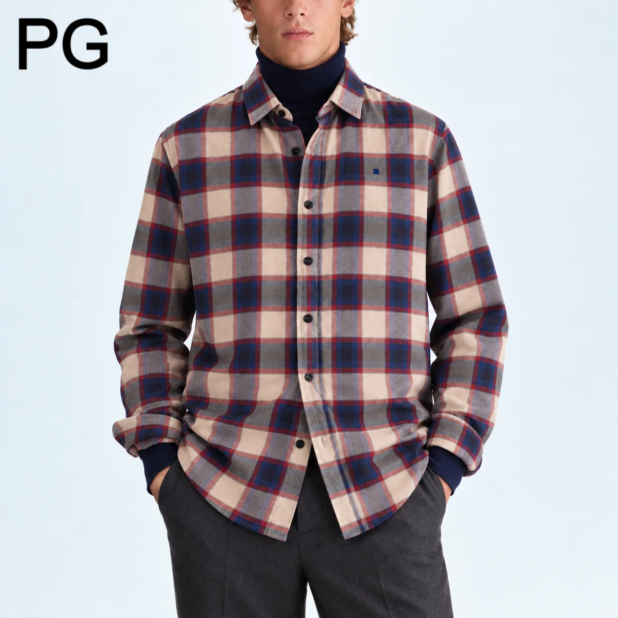 PG Men Checkered Shirt Long Sleeve Button Closure Point Collar Relaxed Fit Plaid Pattern Casual Basic Shirt