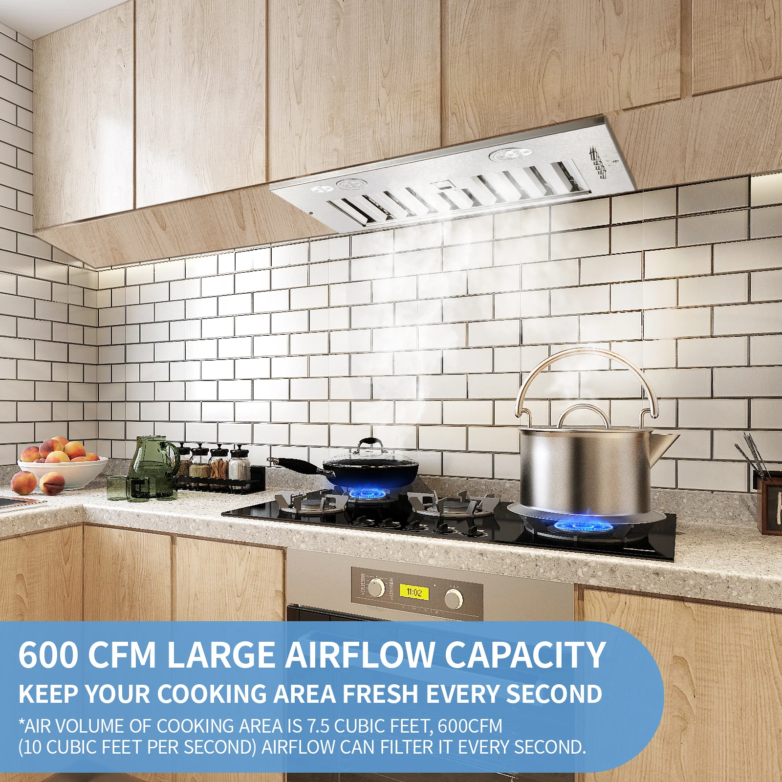 600CFM 20" Stainless Insert Range Hood Convertible Ducted/Ductless 2LED light 3-Speed Baffle Filter&Button Control Easy to clean