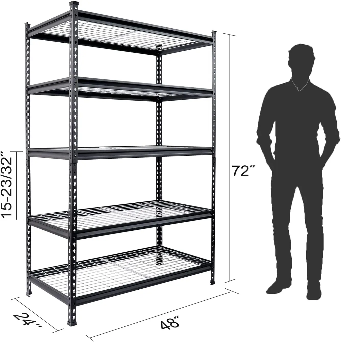 5-Tier Metal Shelving Unit, 48”W x 24”D x 72”H, Heavy Duty Adjustable Storage Rack, 4000 lbs Load Capacity (Total), for Garage