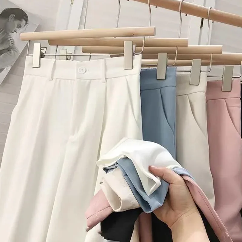 

Корейские широкие брюки с высокой талией, женские летние повседневные свободные офисные женские костюмные брюки, модные дикие прямые тонкие брюки
