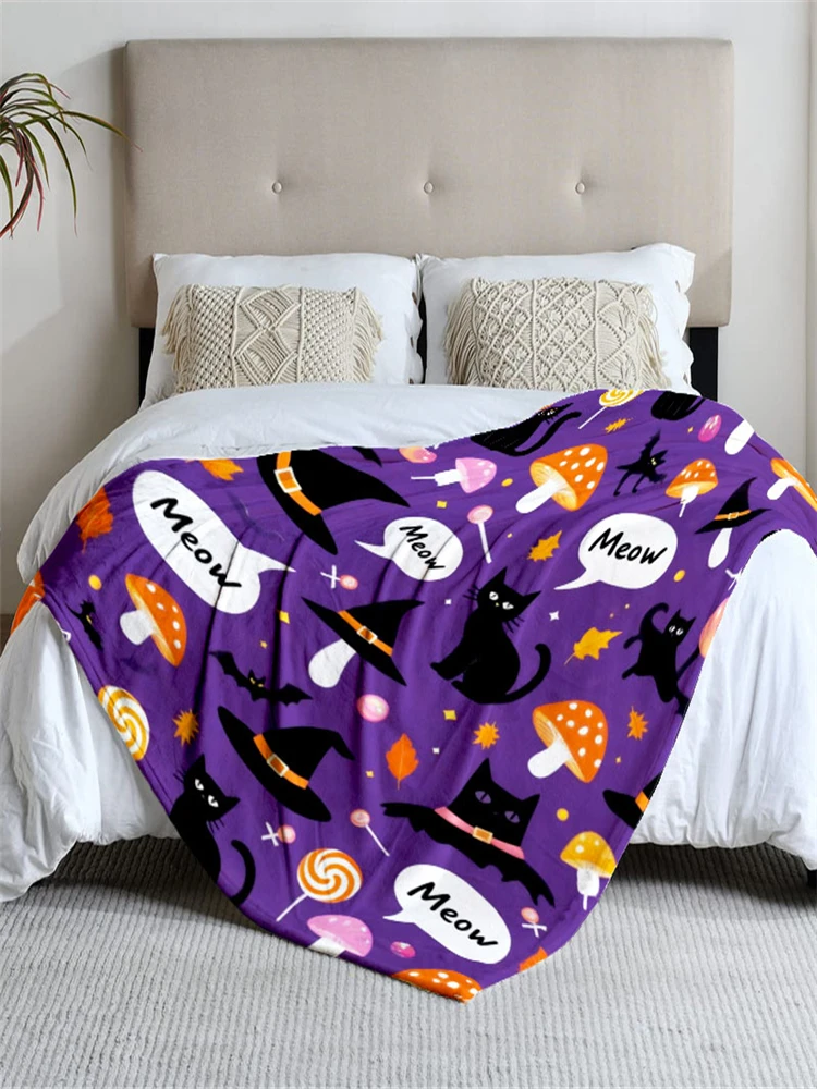 قطعة واحدة من بطانية الفانيلا الأرجوانية على شكل قطة الهالوين، ناعمة، مناسبة للأريكة والسرير والمكتب والاستخدام لجميع المواسم.