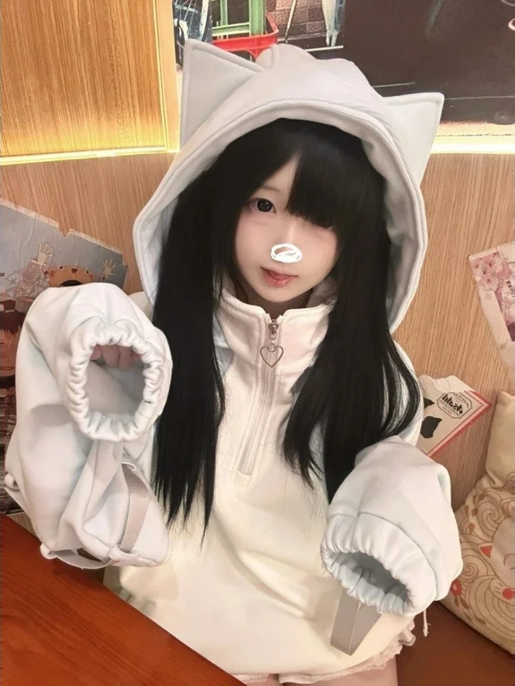 

Японские толстовки с кошачьими ушками Kawaii контрастного цвета Y2k, эстетичная повседневная женская толстовка большого размера, Harajuku, осенняя толстовка на молнии