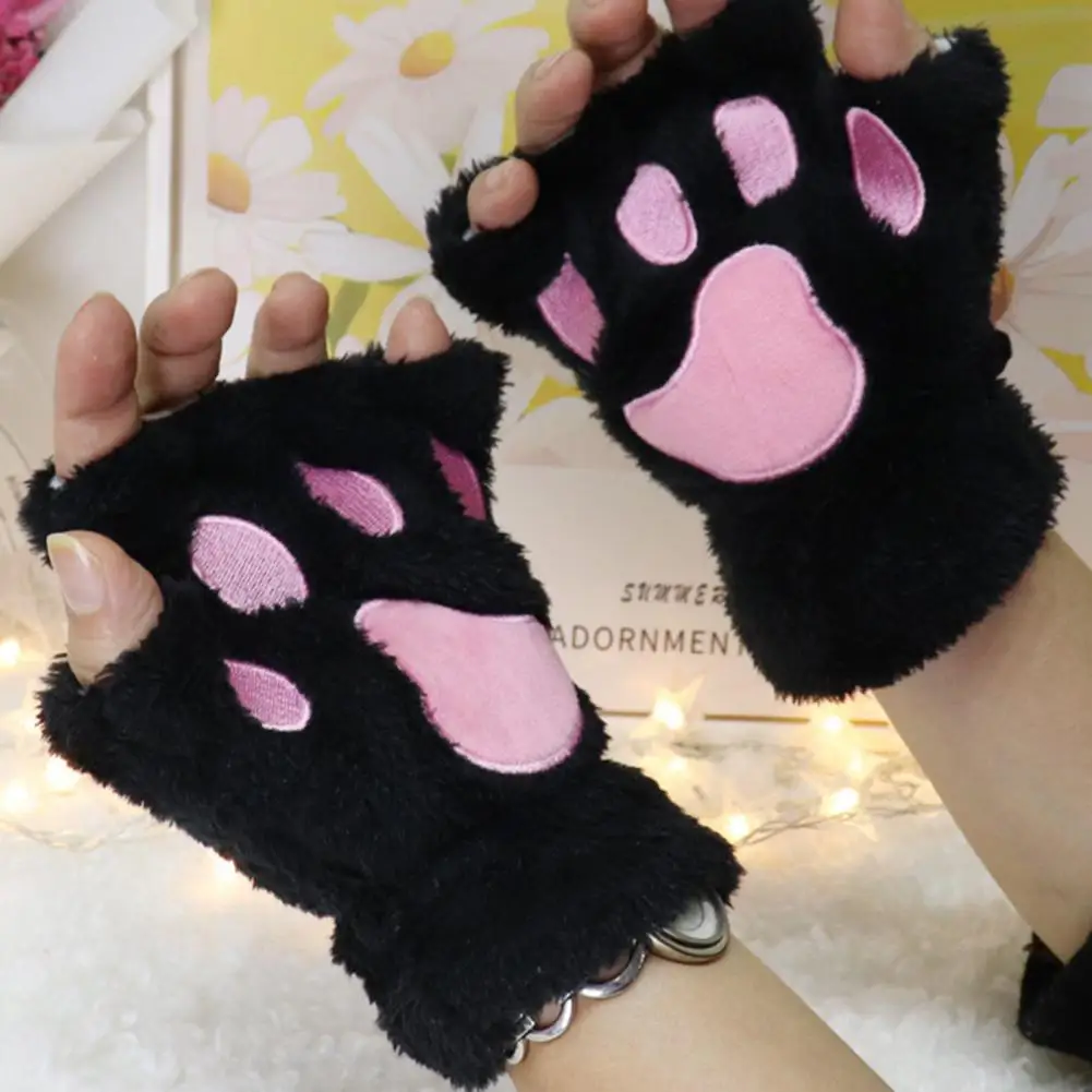 Winter Cat Paw Gloves Women\'s Winter Cat Paw Half-finger Gloves with Plush Warmth Non-slip Protection for Cycling Riding Cat Paw