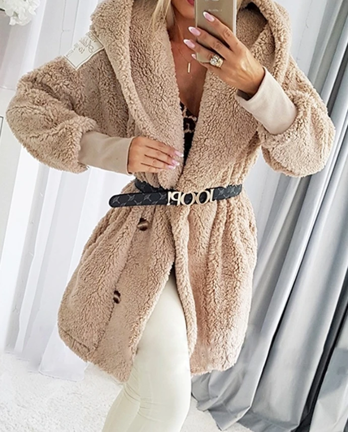 

Women's Jacket 2024 Autumn Winter Latest Long Sleeve Button Down Fuzzy Jacket Winter Hooded Teddy Coat Outwear with Pockets