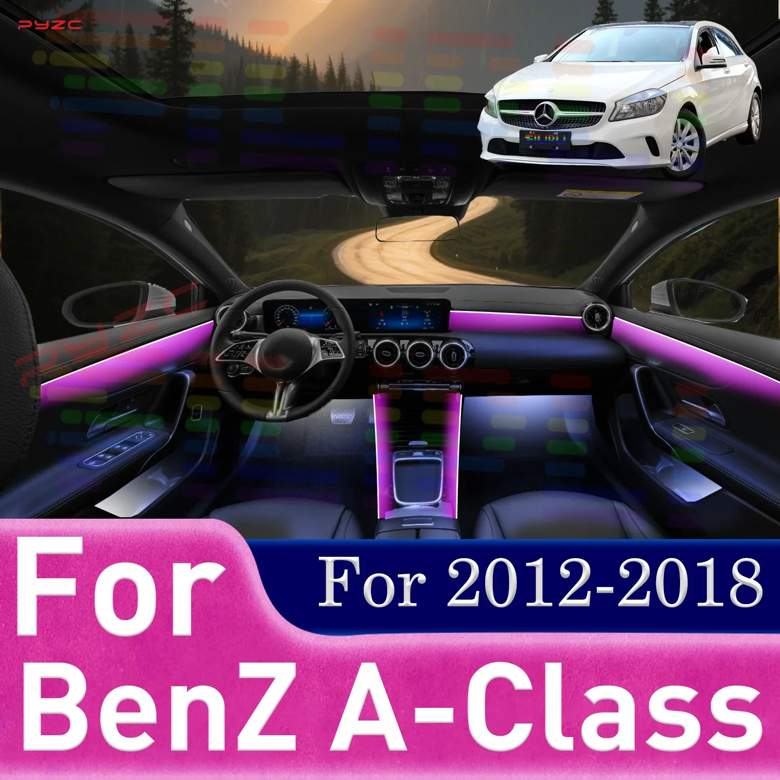 

Для BenZ A-Class для 2012-2018 гг., управление через приложение, интерьер автомобиля, светодиодная лента, украшение, 64-цветная симфония, акриловая направляющая, атмосфера