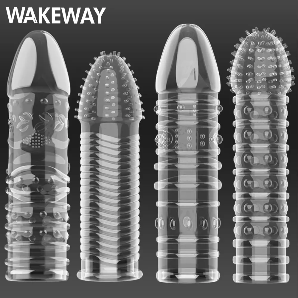 WAKEWAY Penis Covers Extender Men\'s Condoms Crystal Penis Condoms Finger Cock Ring Adult Sex Toy For Sex Male Longer Lasting