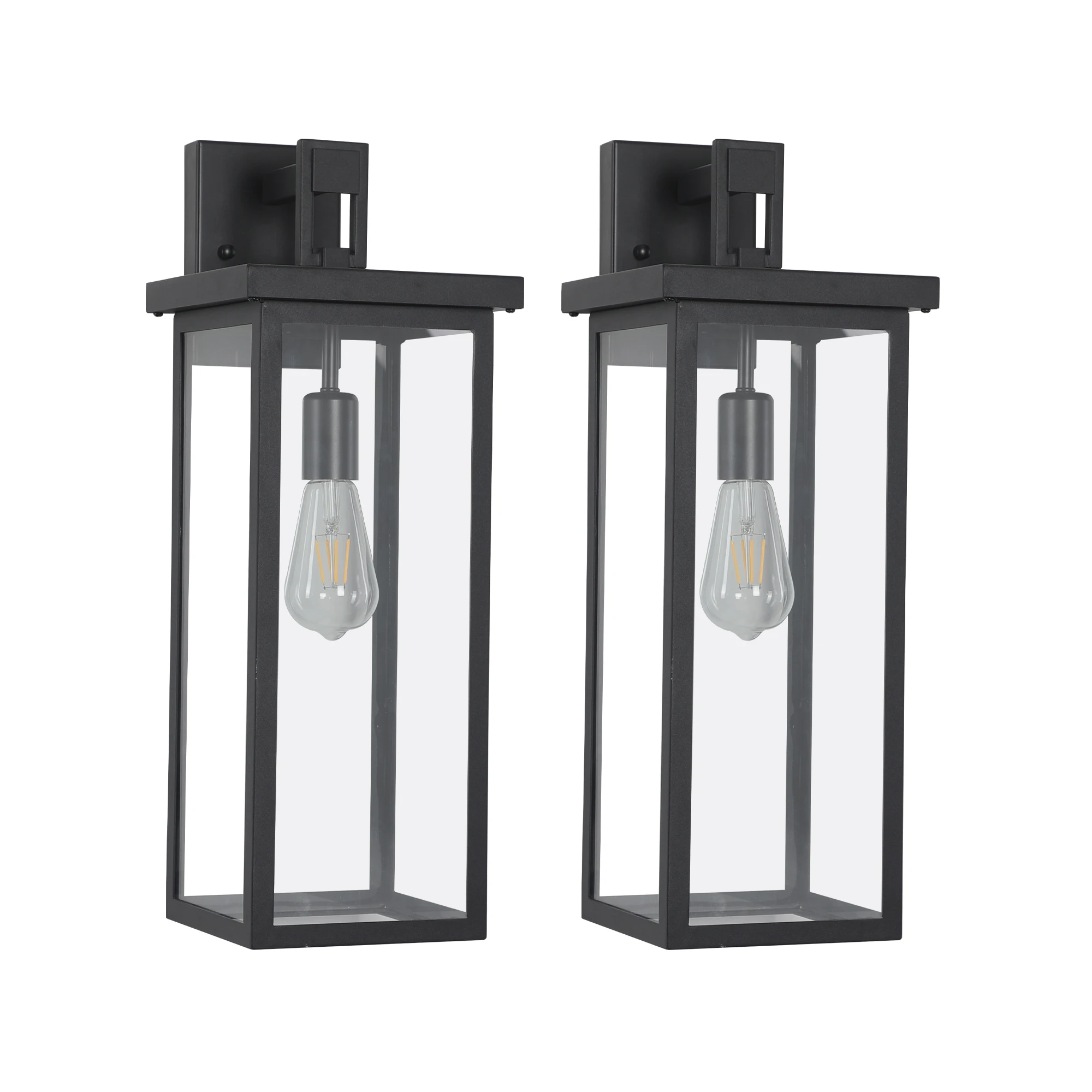 Set of 2 Modern Outdoor Wall Lanterns with Black Metal Frame and Clear Glass, Weatherproof Wall Sconces