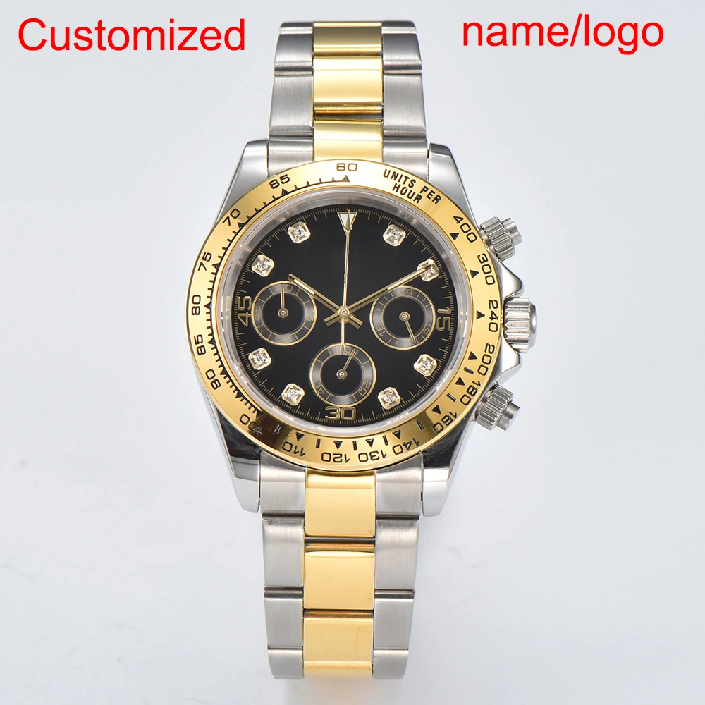 

Customized 39mm DTN VK63 Movement Panda Three Eye Quartz Watch Sapphire Stainless Steel Waterproof Timing Code Men's Watch