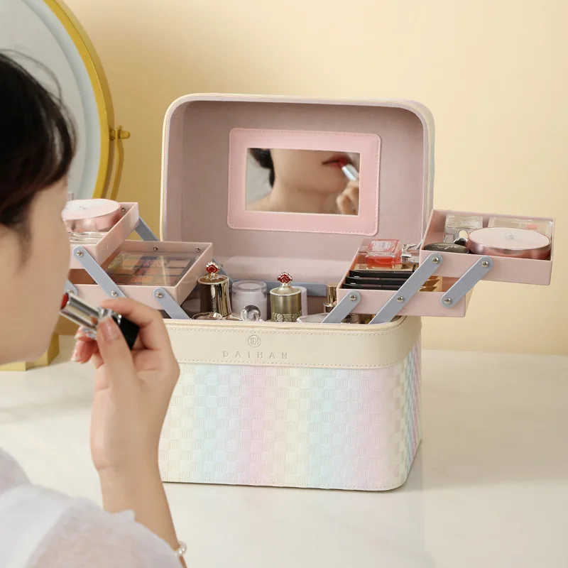 Cosmetic Skincare Organizer Easy to Carry Large Capacity Travel with Mesh Multi-layer Cosmetic Case