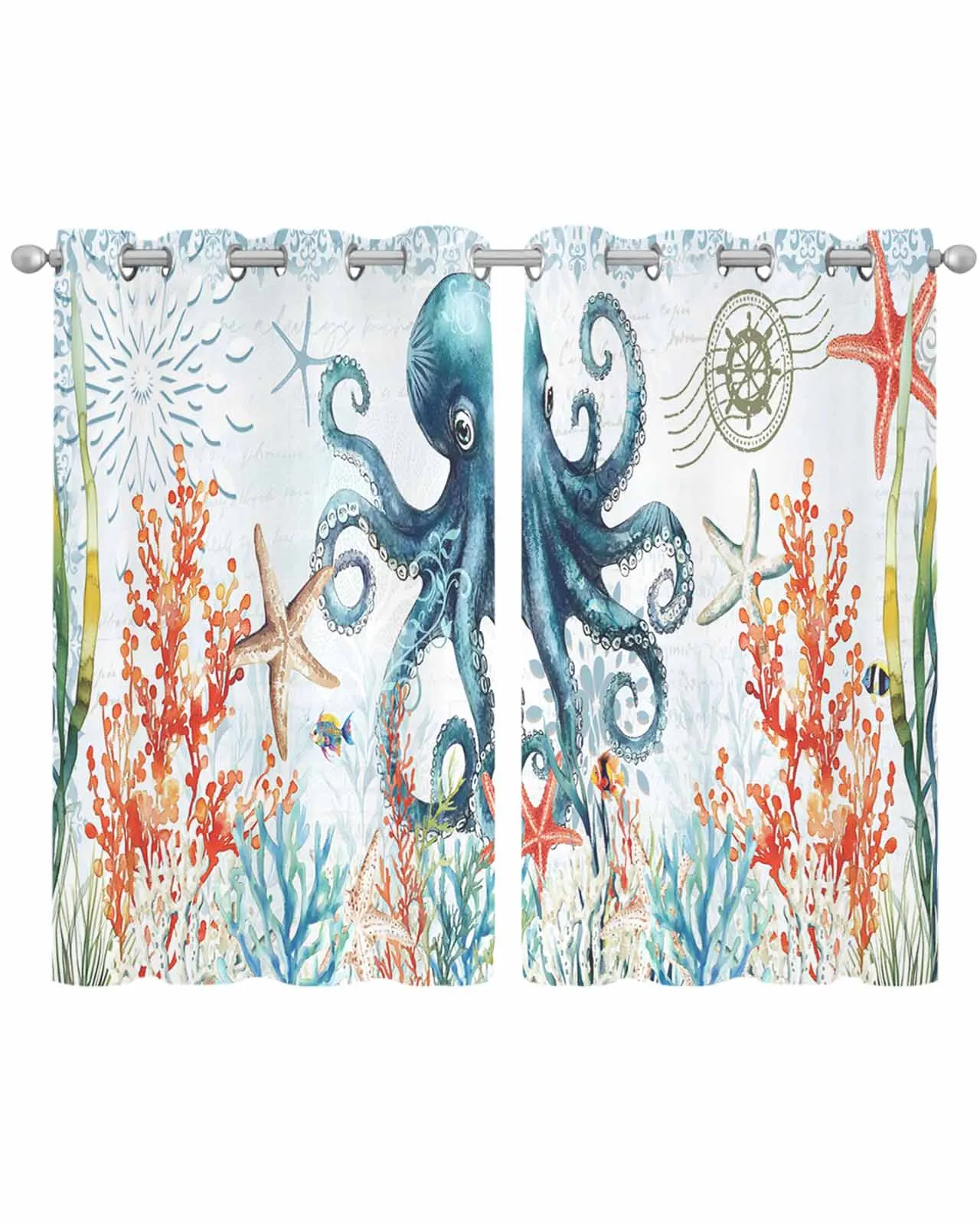

Light Blue Background Octopus Tulle Living Room Decoration Transparent Sheer Curtains Bedroom Kitchen Voile Chiffon Drapes