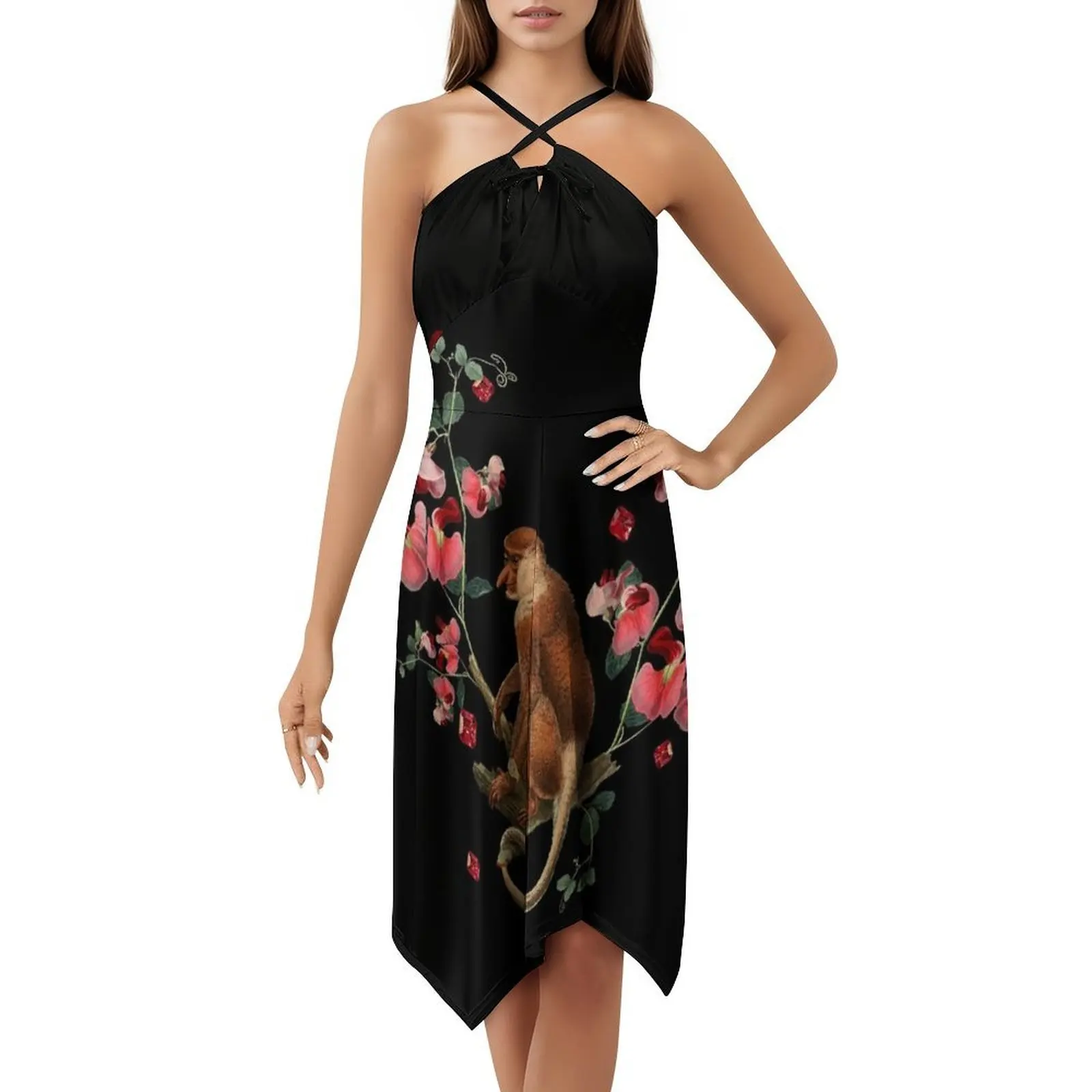 Monkey World: فستان قصير من Nosy Preppy Style للنساء على شكل حرف a فضفاض مناسب فستان يوم غير رسمي قرد وردي زهرة نباتية طبيعة زهور #5