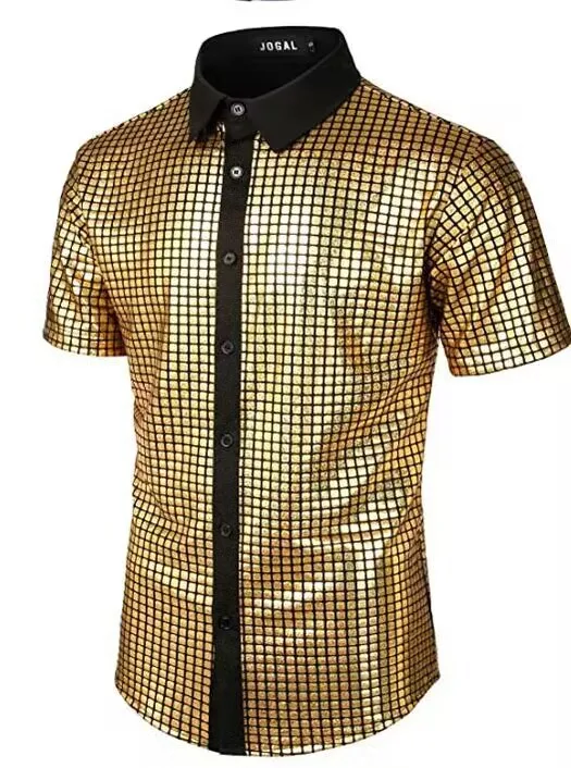 2023 men\'s formal shirt sequin button up shirt 70s disco party cosplay clothing