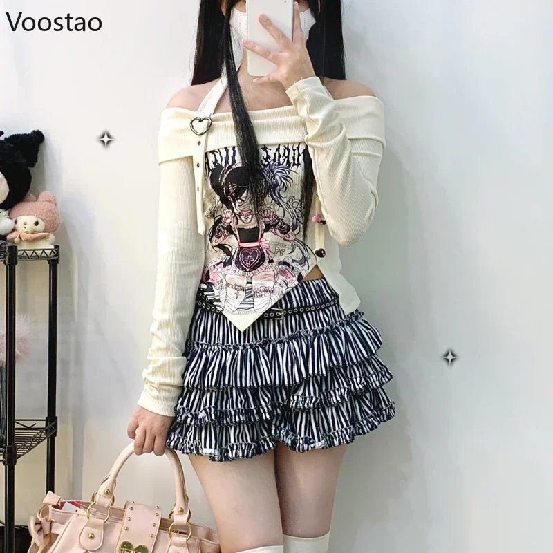 Y2k Aesthetic Japanese Anime Print Slash Neck Slim T-shirts Women Vintage Halter Off Shoulder Tshirts Grunge Gothic Tees Tops