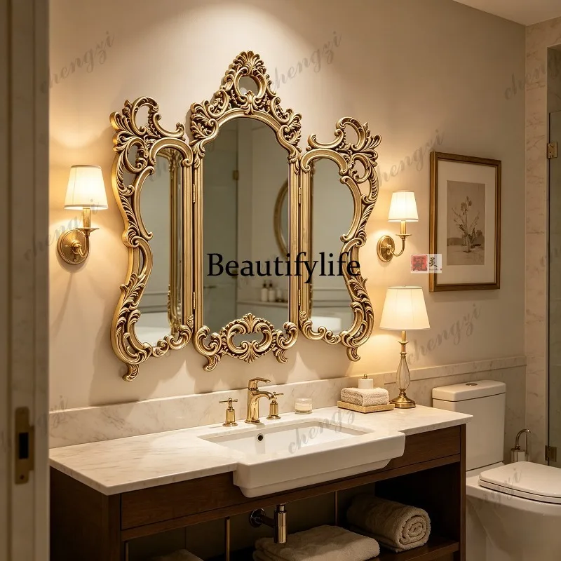 French retro makeup mirror carved three-fold vanity mirror desktop folding wall-mounted three-sided mirror