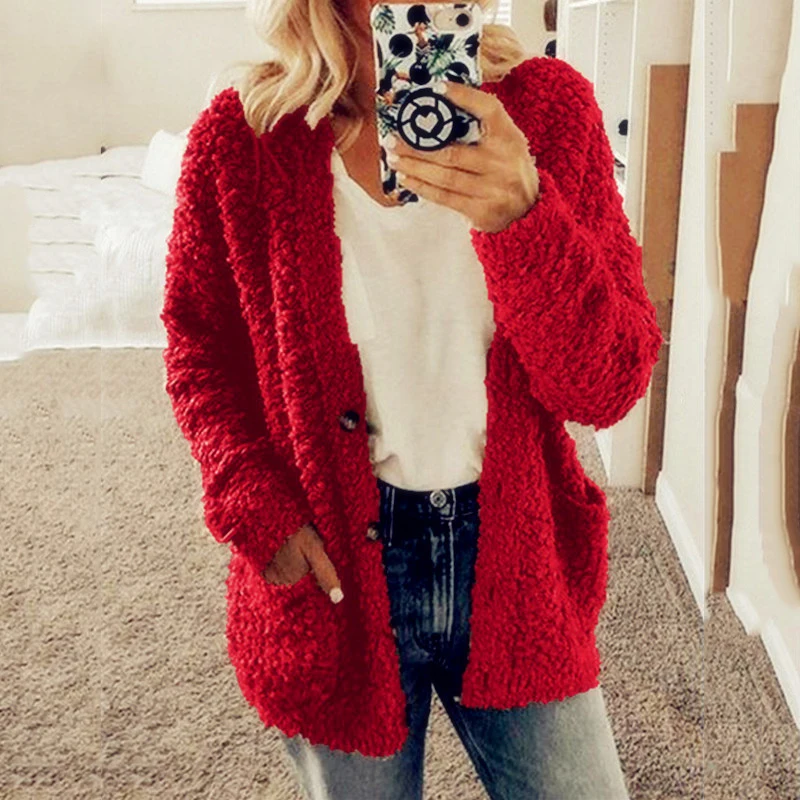 2025 suéter de lana de invierno cálido de manga larga para mujer, chaqueta para mujer, ropa holgada de 10 colores gris y negro, abrigo superior con cuello en V, S-5XL